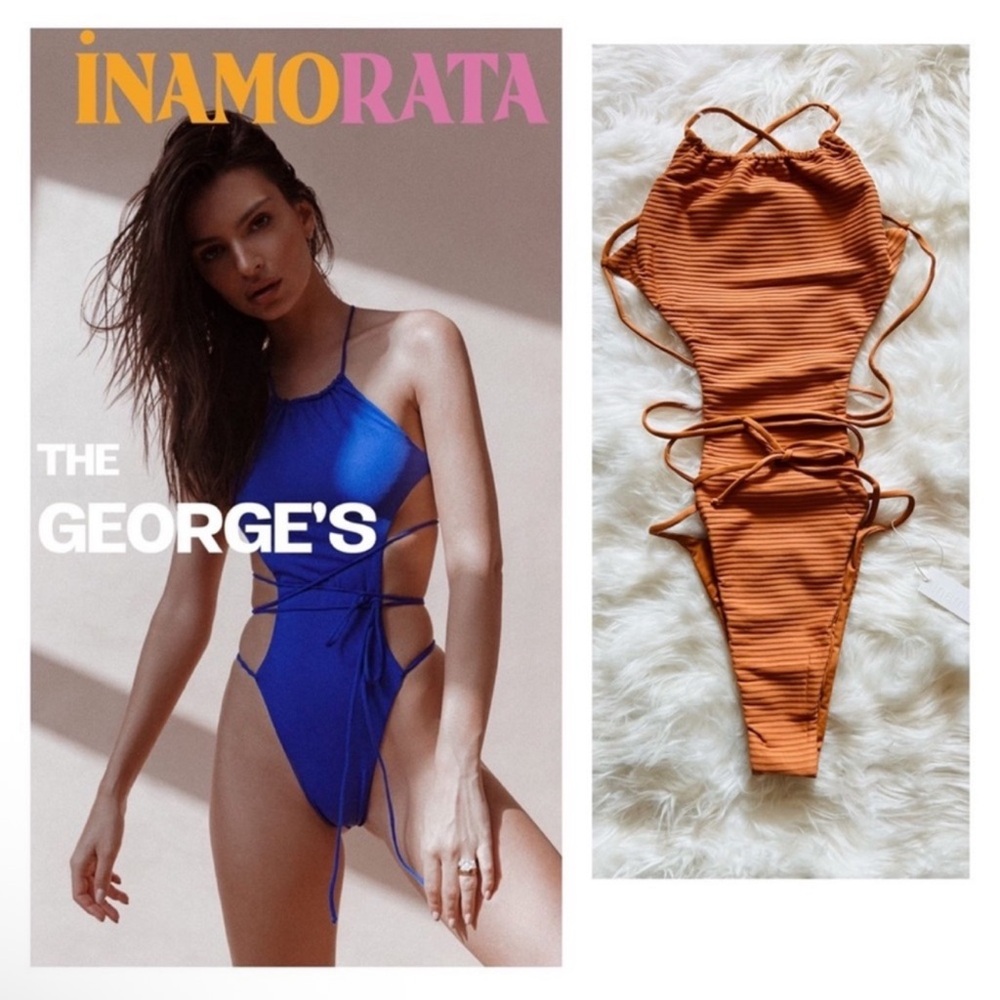 New! Rare INAMORATA George’s Ribbed Cut-Out Wrap Tie Lace Up One Piece Swimsuit